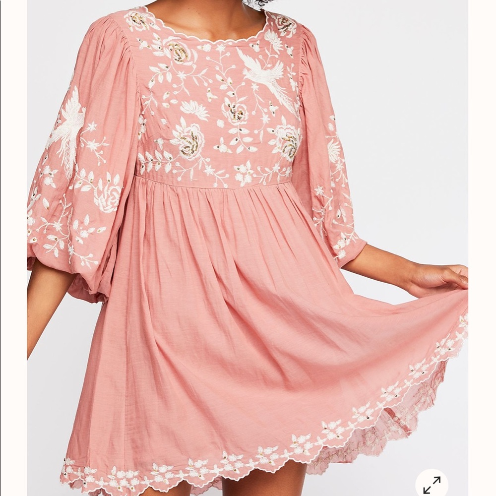 Free People “Bridget Babydoll” Pink Embroidered Mini Dress